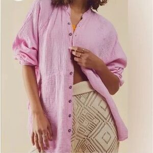 Free People We the Free Summer Daydream Button Down Shirt Pink Gauze Sz S